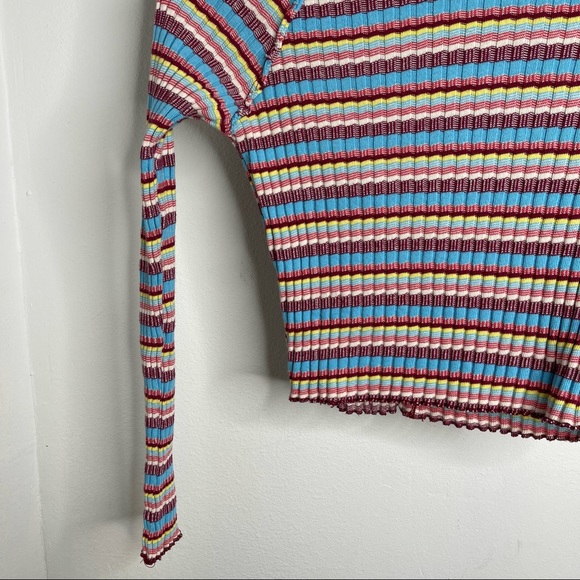 Free People Retro Mirror Blue Striped Mock Neck Ribbed Long Sleeve Crop Top Sz S - Picture 9 of 16